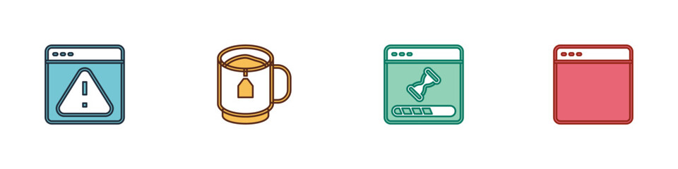 Poster - set browser with exclamation mark, cup of tea tea bag, loading data window and icon. vector