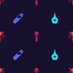 Poster - Set Bottle with potion, , Magic wand and staff on seamless pattern. Vector