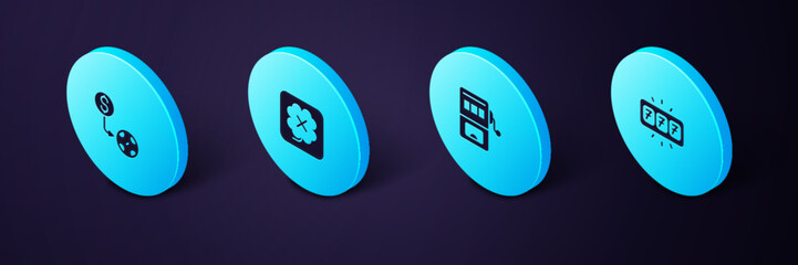 Poster - Set Isometric Slot machine with jackpot, Casino slot and chips exchange icon. Vector