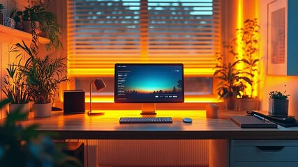 Poster - Modern workspace with ambient lighting and vibrant decor enhancing productivity and creativity