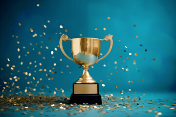 Wall Mural - small elegant gold trophy with gold confetti on light blue background