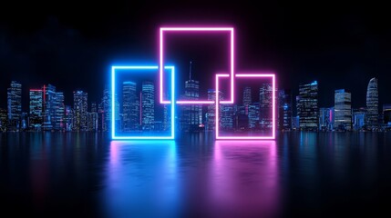 Poster - A lively, futuristic city scene featuring shimmering cubes and mirrored water.
