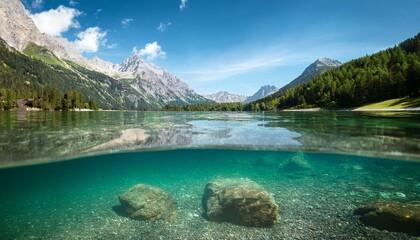 Wall Mural - alpine mountain lake scene, AI generated