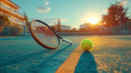 Wall Mural - Tennis racket and ball on court at sunset.