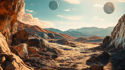 Wall Mural - landscape of an alien planet, showcasing the surface view of another planet, creating a science fict