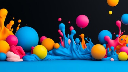 Poster - Vibrant spheres and flowing shapes in an abstract arrangement against a dark backdrop.