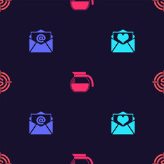 Poster - set envelope with valentine heart, mail and e-mail, coffee pot and target dollar on seamless pattern
