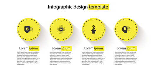 Poster - Set Shield with bitcoin, CPU mining farm, Bitcoin plant the pot and think. Business infographic template. Vector