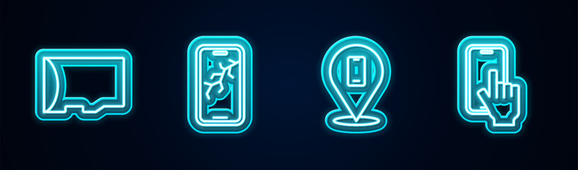 Poster - Set line Micro SD memory card, Mobile with broken screen, Phone repair service and . Glowing neon icon. Vector