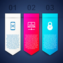 Poster - Set Mobile and eye scan, VPN Computer network and Padlock with clock. Business infographic template. Vector