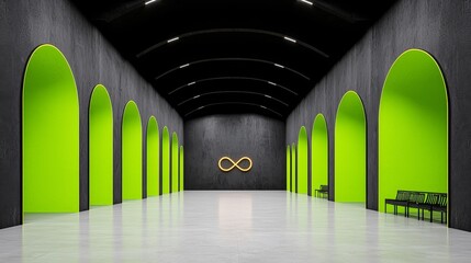 Poster - A design with abstract green and yellow shapes set against a dark background.