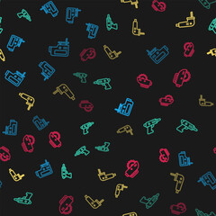 Poster - set line electric jigsaw, cordless screwdriver, and circular on seamless pattern. vector
