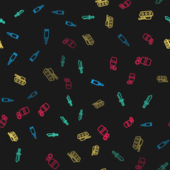 Poster - Set line Bullet, Military knife, tank and Hand grenade on seamless pattern. Vector