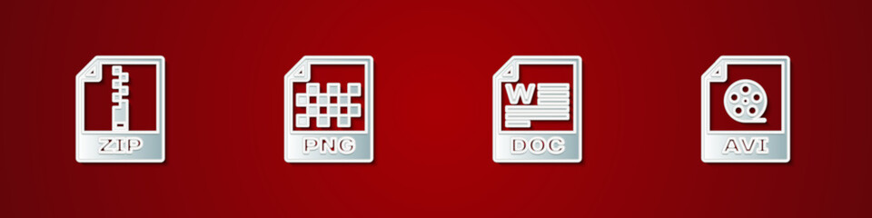 Poster - Set ZIP file document, PNG, DOC and AVI icon. Vector