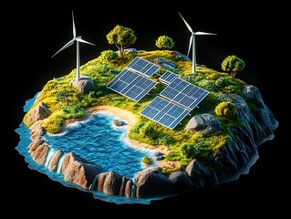 Poster - 3D isometric illustration of an island featuring solar elements, perfect for eco-friendly and creative projects.
