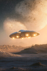 Wall Mural - Alien spaceship flying over a deserted planet