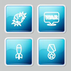 Poster - Set line Bomb explosive planet earth, The word war, Rocket launcher and Military reward medal icon. Vector