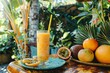 © nurion - Refreshing tropical fruit juice in a glass with passion fruit slices on a rustic wooden table outdoors.