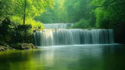 Wall Mural - A serene waterfall cascading into a tranquil pool, surrounded by lush green foliage.