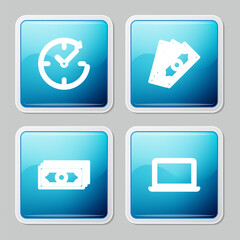 Poster - set line clock with arrow, stacks paper money cash, and laptop icon. vector