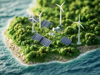 Poster - A 3D isometric rendering of an island featuring solar panels, showcasing sustainable energy and natural aesthetics.