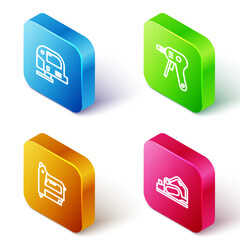 Poster - set isometric line electric jigsaw, hot glue gun, construction stapler and planer tool icon. vector