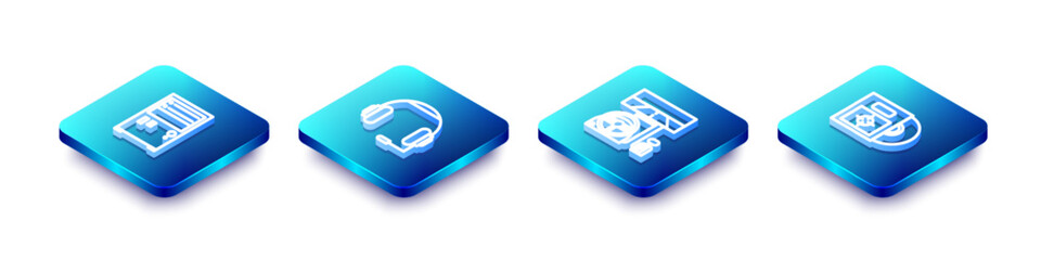 Poster - Set Isometric line Computer, Headphones, Racing simulator cockpit and CD DVD disk box icon. Vector
