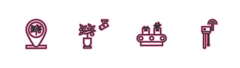 Poster - set line location and tree, conveyor belt with box, smart farming technology and router wi-fi signal