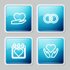 Poster - Set line Heart in hand, Wedding rings, Calendar with heart and icon. Vector