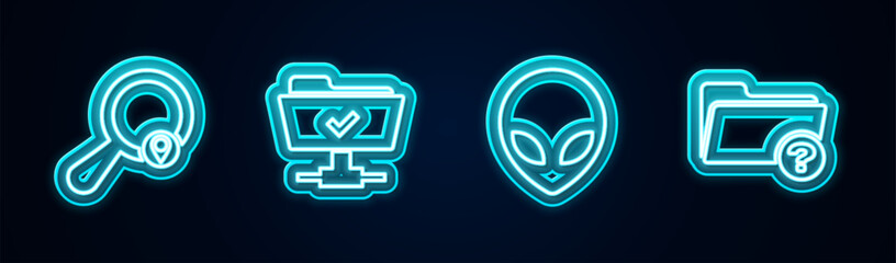 Poster - Set line Search location, FTP operation successful, Alien and Unknown directory. Glowing neon icon. Vector