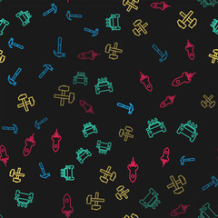 Poster - set line hammer, car wash, two crossed hammers and rocket ship with fire on seamless pattern. vector