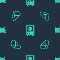 Poster - set line proof of stake, cryptocurrency cloud mining and bitcoin circuit on seamless pattern. vector