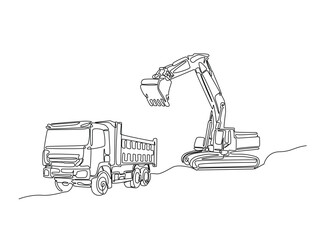 Leinwandbilder - Continuous one line drawing of excavator and dump truck. Excavator is loading material into heavy dump line draw vector illustration. Editable vector.