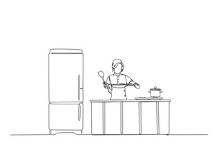 Leinwandbilder - Continuous one line drawing of chef cooking in the kitchen. Professional chef holds pan in single line draw vector illustration. Editable vector.