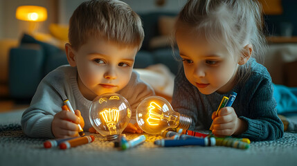 Wall Mural - 3D Kids Brainstorming with Light Bulb Props concept as Two creative kids brainstorm ideas using light bulb props and markers on a soft abstract background highlighting their innovative thinking and te