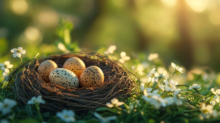 Eggs in a Nest on a Blooming Sunny Spring Meadow