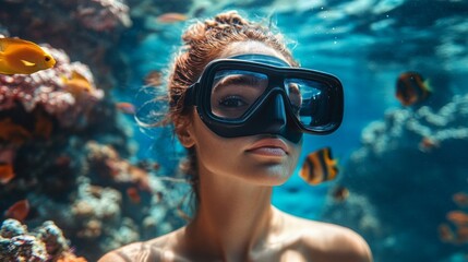 Aufkleber - A young individual dons a snorkel mask, immersed in the crystal-clear waters of a tropical location. Colorful fish dart around, enhancing the serene underwater experience