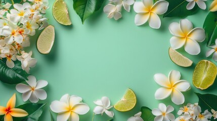 Wall Mural - Bright tropical floral arrangement with lime slices on a mint green background