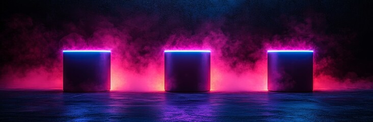 Poster - A modern sci-fi fantasy scene featuring a circular platform, neon glowing beams, a swirling vortex, flashes of light, and smoke.