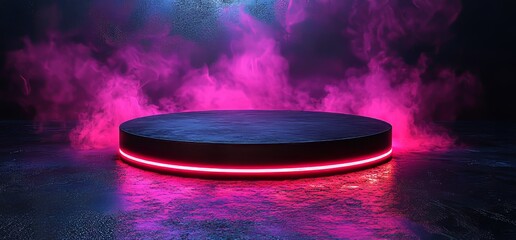 Poster - A futuristic round platform is illustrated on a black background, highlighted with pink light and blue smoke, symbolizing a cyber technology portal, and presenting a product.