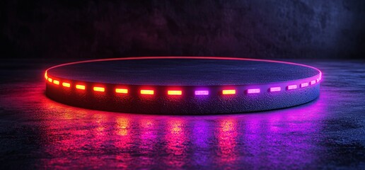 Poster - A contemporary realistic depiction of a circular teleport on a black background, showcasing futuristic cyber technology in a product presentation showroom.