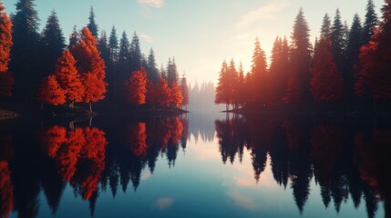 Wall Mural - Stunning autumn landscape with vibrant red trees reflecting on a calm lake at sunrise