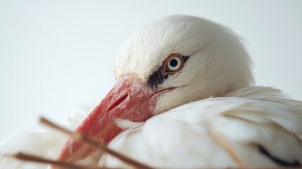 Close-Up of a White Bird Nesting Comfortably with Soft Feathers and Intense Eye Color, Capturing the Beauty of Nature in a Serene Setting