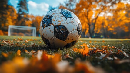 Wall Mural - Soccer ball on autumn field near goal.