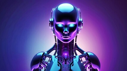 Purple background with male robot and light in the dark.