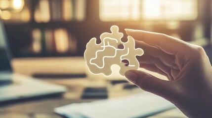 Poster - Hand Holding Puzzle Piece with Warm Light and Blurred Background
