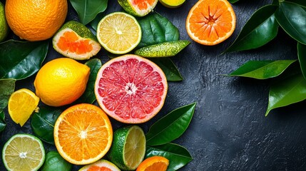 Poster - Fresh citrus fruits and leaves on dark textured background