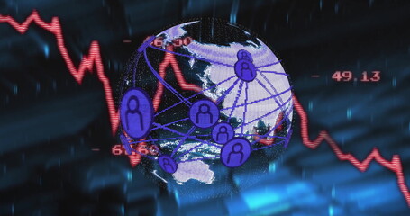 Poster - Global network connections and fluctuating financial data image over Earth