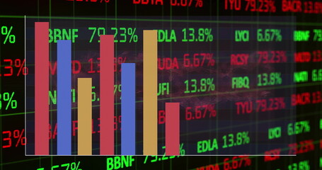 Poster - Image of colourful graph over financial data processing on black background