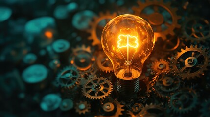 Poster - Bright Light Bulb Surrounded by Gears Representing Innovation Ideas